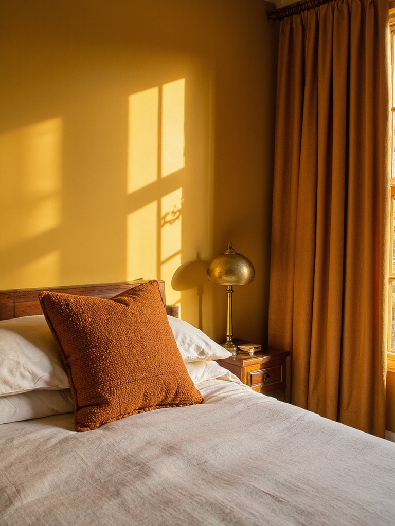 Chambre parentale aux tons moutarde et lumière dorée