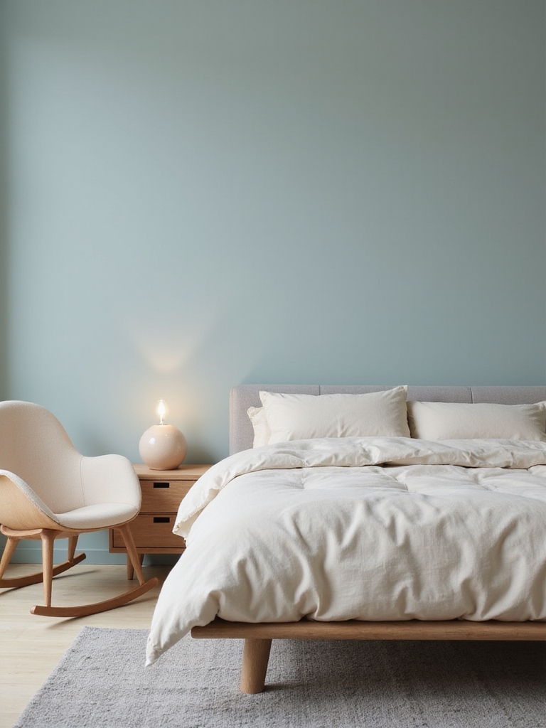 Chambre parentale au mur bleu ciel et linge de lit blanc