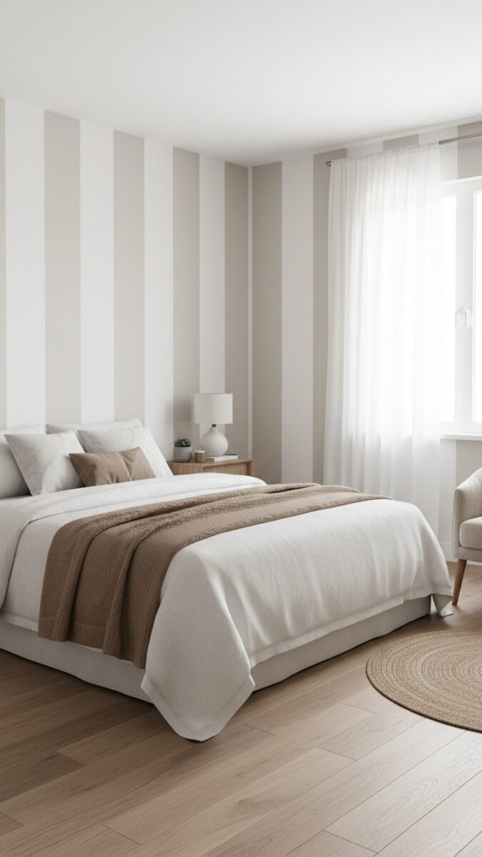 Chambre parentale avec mur à rayures blanches et beiges