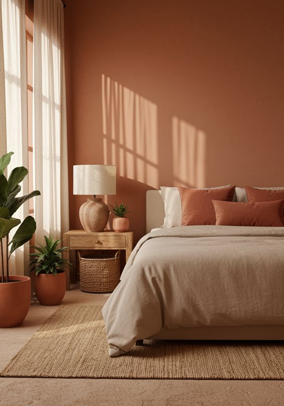 Chambre parentale au mur terracotta et plantes