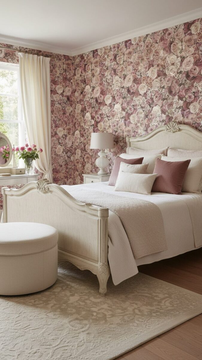 Chambre parentale avec papier peint fleuri romantique