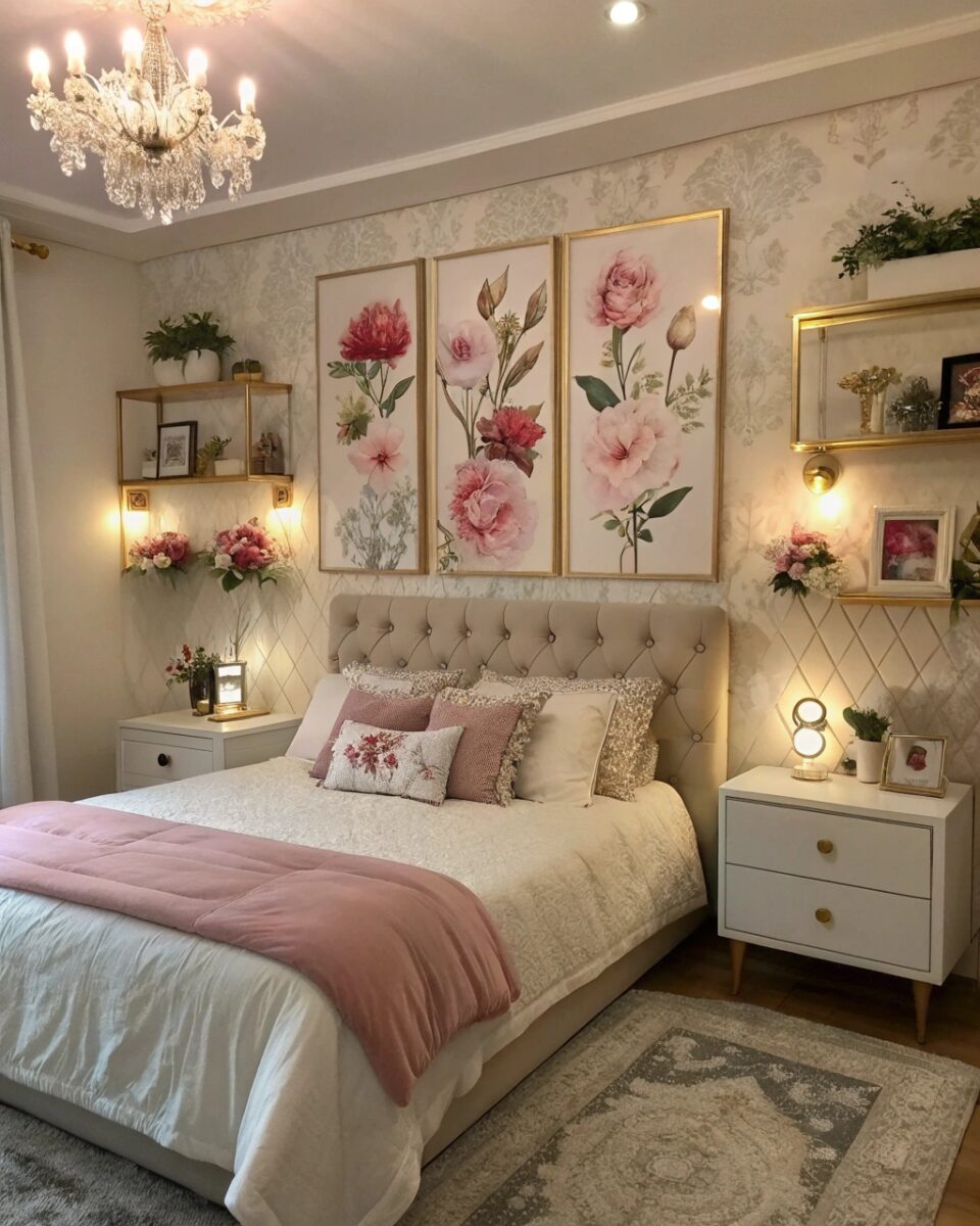 Chambre parentale romantique avec cadres fleuris et lustre