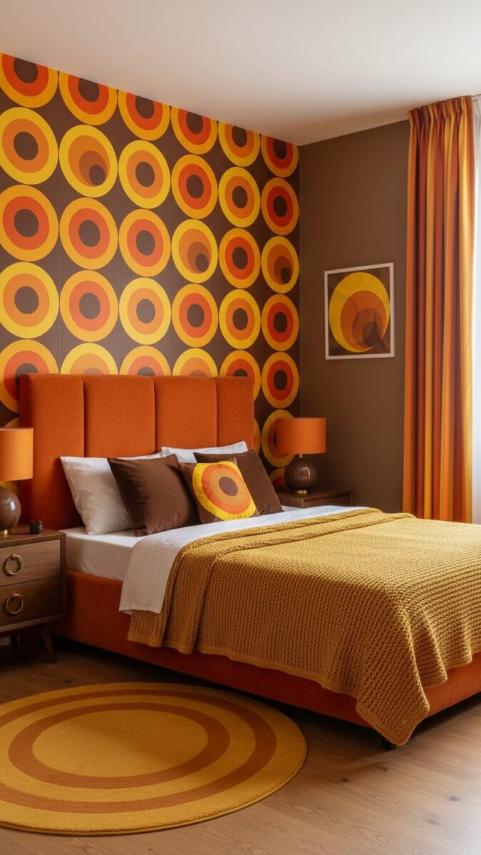 Chambre parentale avec papier peint rétro orange