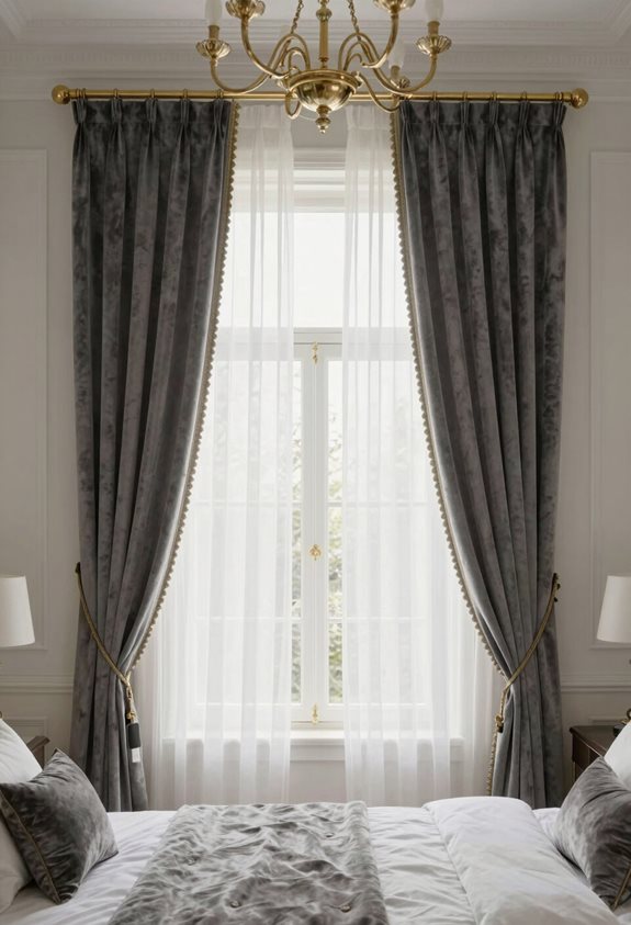 Chambre parentale aux rideaux gris et lustre doré