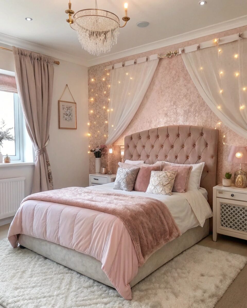 Chambre parentale rose avec tête de lit capitonnée et voilage