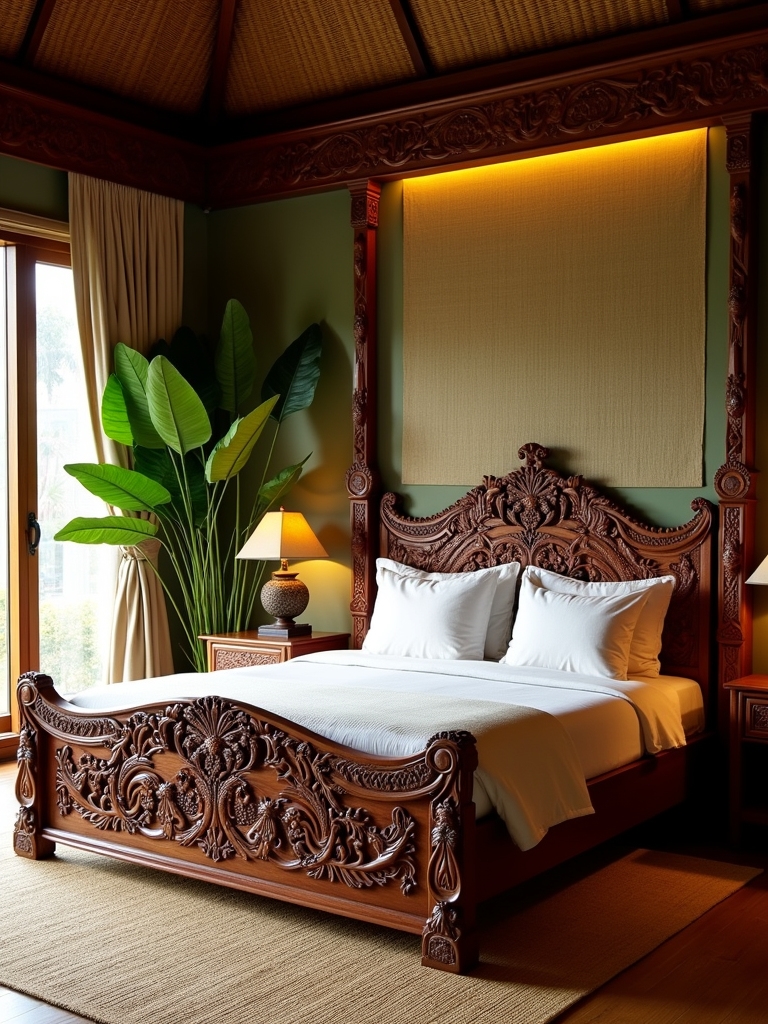 Chambre parentale style Bali avec lit en bois sculpté