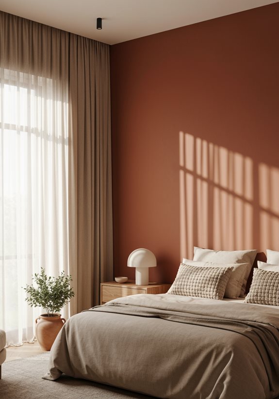 Chambre parentale terracotta et beige avec lampe champignon