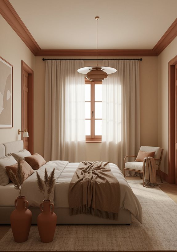 Chambre parentale terracotta avec boiseries et vases