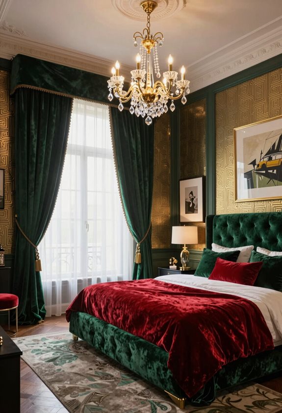 Chambre parentale luxueuse en velours vert et bordeaux avec lustre