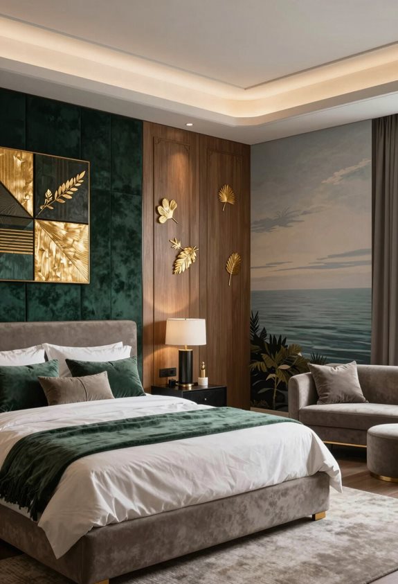 Chambre parentale vert émeraude avec tête de lit capitonnée