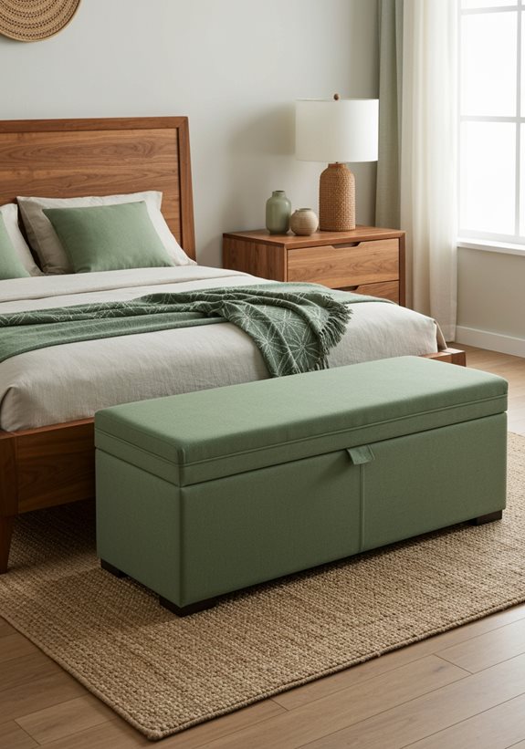 Chambre parentale vert sauge avec banc coffre au pied du lit