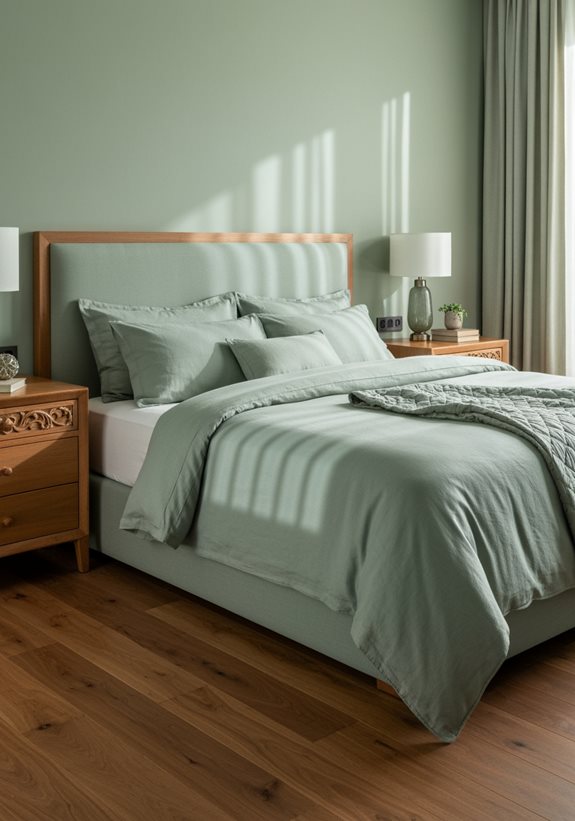 Chambre parentale vert sauge et bois foncé