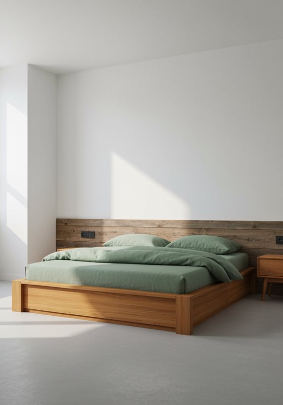 Chambre parentale vert sauge minimaliste avec lit en bois