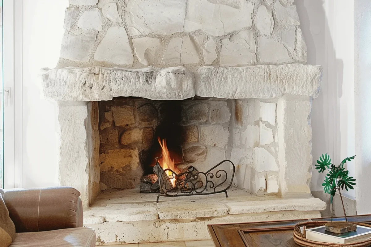 Cheminée en pierre peinte en blanc avec un feu allumé