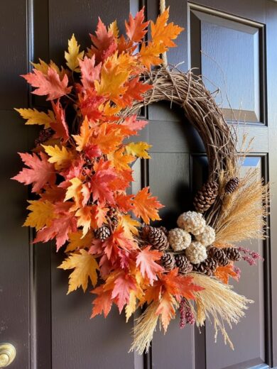 Décoration d’entrée d’automne avec courges, feuillages et couronne de porte