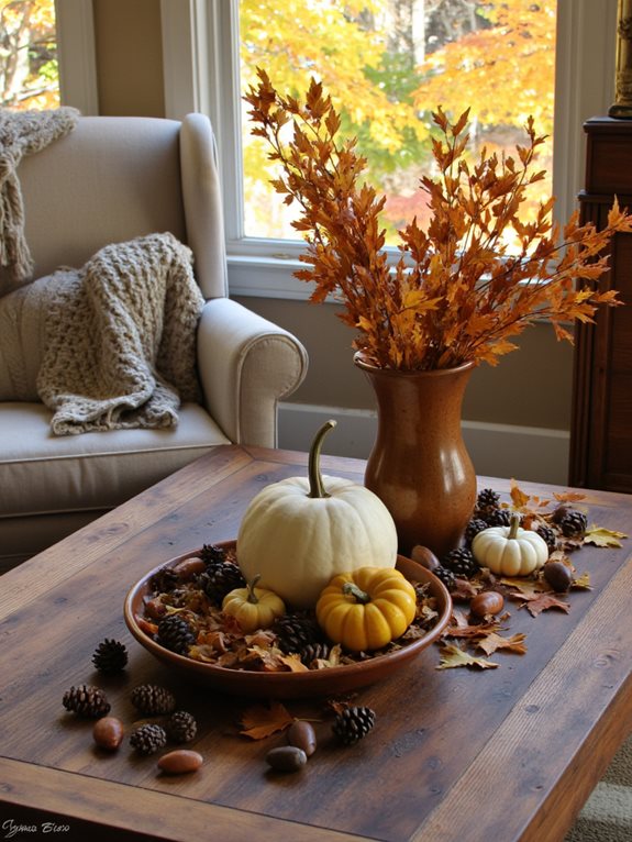 Étagère décorée pour l’automne avec des objets déjà présents à la maison