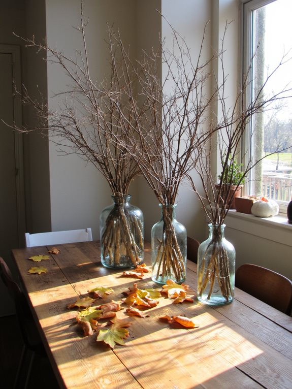 Vases remplis de branches et feuillages d’automne